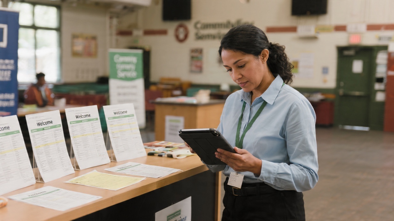 Community service manager reviewing a registration list on a tablet next to printed participant sheets and a small welcome desk in a local venue